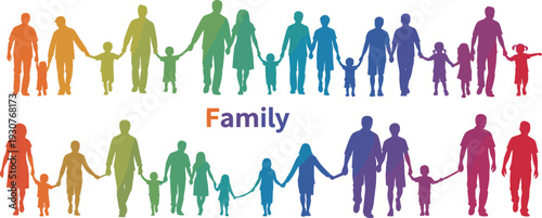 Diverse Colorful Family Silhouettes Holding Hands in Horizontal Rows with Rainbow Gradient Style for Community Inclusivity and Happy Unity Support Concept