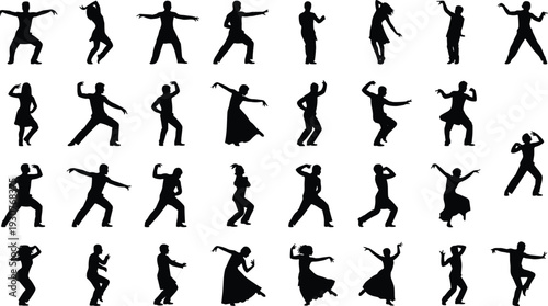 Black silhouettes of people dancing in various poses dance
