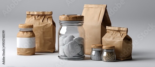 3d rendering of food packaging mockups with open jar, brown paper bags, and small jars arranged on a light gray surface for display and design purposes