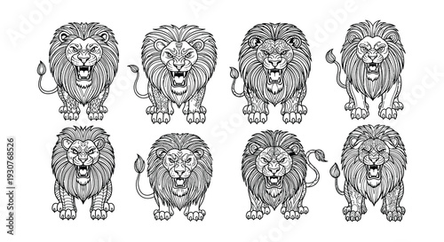 Eight detailed black and white illustrations of roaring lion heads