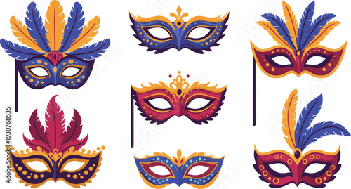 Collection of colorful venetian masquerade masks with feathers and decorations