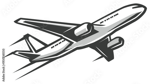 Monochromatic illustration of a passenger airplane taking off, symbolizing air travel, global transport, and swift journey.