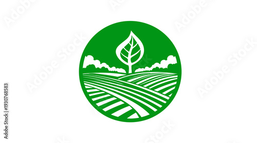 Green circular icon with growing leaf over stylized farm fields, representing agriculture, nature, ecology, and sustainability.