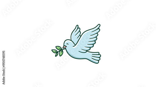 Flying white dove carrying a green olive branch. A universal symbol of peace, hope, freedom, and spirituality. Simple illustration.