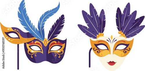 Vibrant purple and gold venetian masquerade masks with decorative feathers on sticks