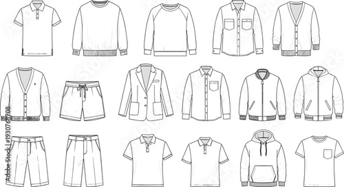 Men's clothing technical sketches set featuring shirts, hoodies, jackets, trousers, and shorts flat vector templates for apparel design and tech packs.