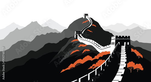 Vector illustration of Great Wall of China, black and orange, landscape background