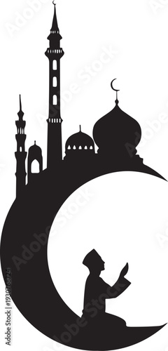 Muslim Man Praying on Crescent Moon Silhouette with Mosque Skyline
