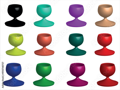 A collection of 12 colorful 3d rendered wine glasses in various hues and colors
