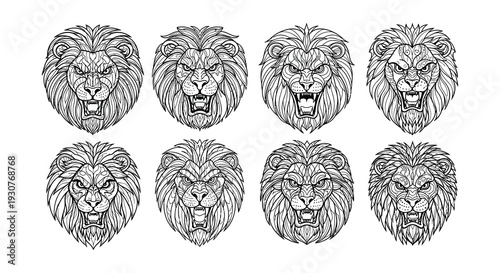 Eight detailed black and white illustrations of roaring lion heads