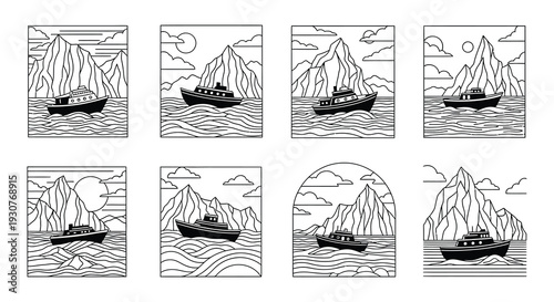Line art illustration depicting boats sailing near mountainous landscapes