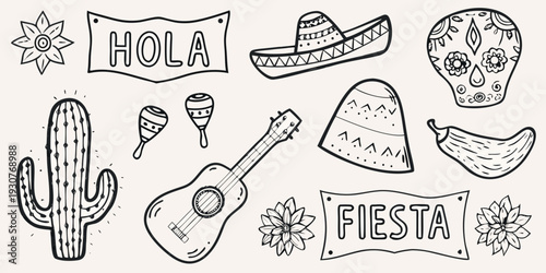 A collection of hand drawn mexican themed illustrations and lettering