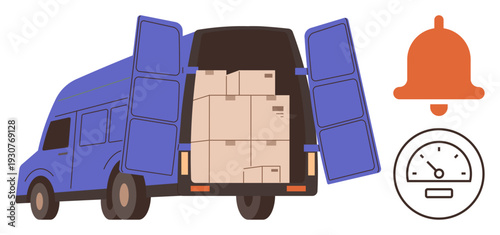 Logistics, transportation, e-commerce, delivery services, notification, shipment tracking. A blue van with open doors revealing boxes, bell and speedometer symbols. Logistics and transportation