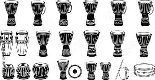 Set of Traditional Ethnic Drum Silhouettes Including Djembe Conga and Tabla Percussion Instruments Isolated on White Background for Musical Culture Design