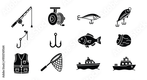 Black silhouette icons depicting fishing equipment a fish and boating