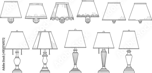 Table lamp line drawings, lampshade silhouettes, interior design illustration, decorative lighting vector set, home decor clipart, furniture design icons