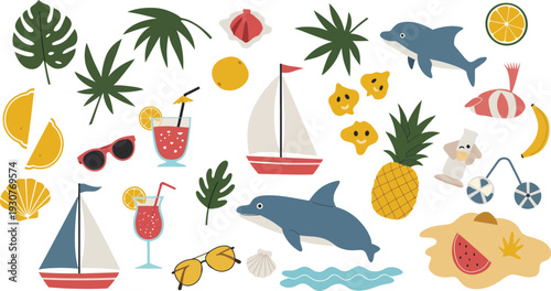 Summer vacation tropical icons with dolphins sailboats and fruit