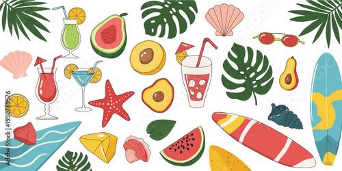 Colorful summer vacation icons and tropical fruits and leaves illustration