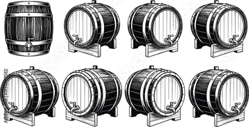 Set of Vintage Wooden Barrel Illustrations with Metal Hoops and Taps Isolated on White Background for Wine Whiskey Brewing and Storage