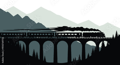 Vector silhouette of train on bridge with mountains