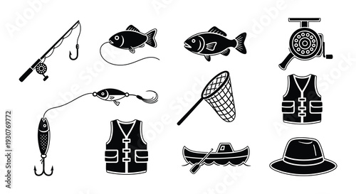 Black silhouette icons depicting fishing equipment a fish and boating