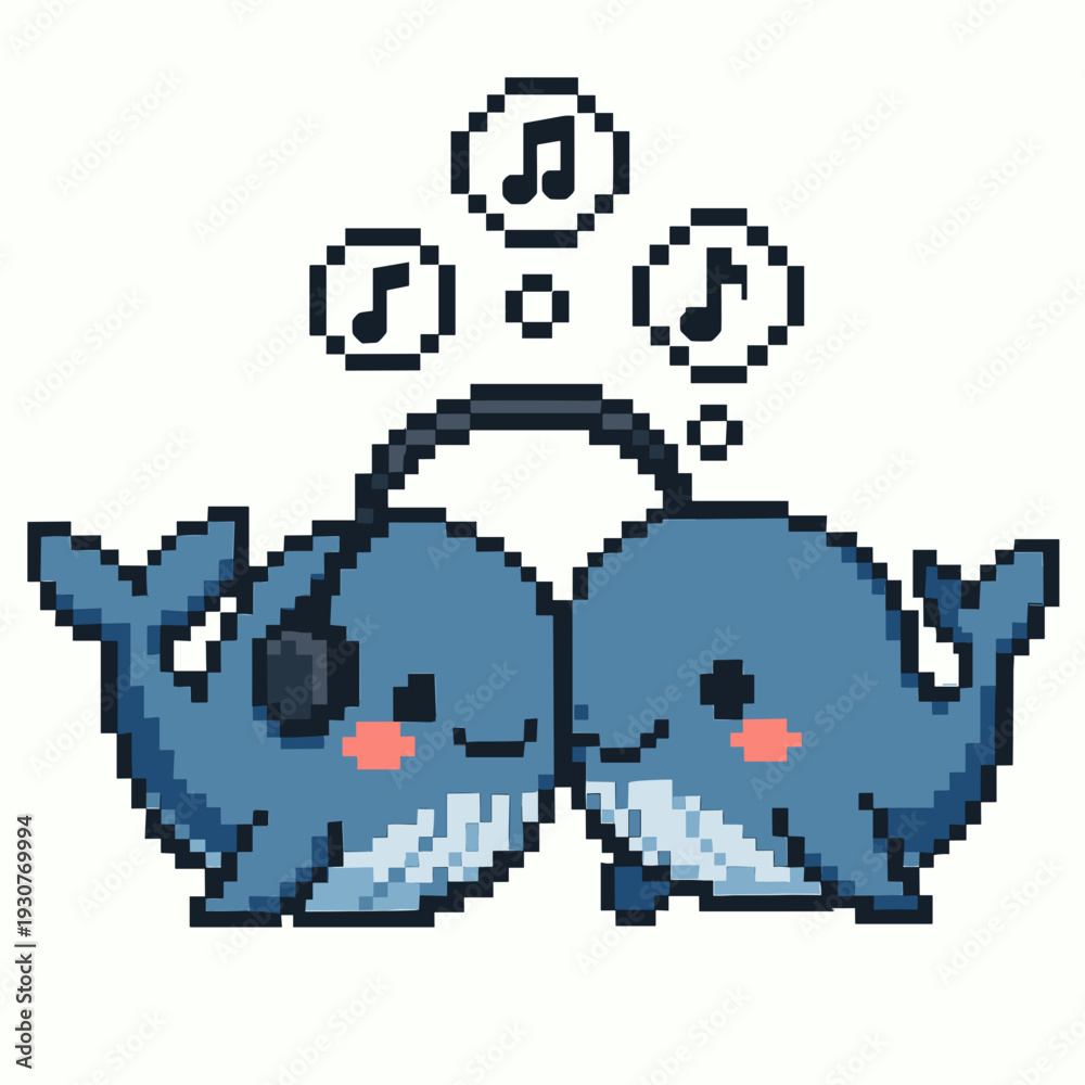 Obraz premium Two cute pixel art whales listening to music together
