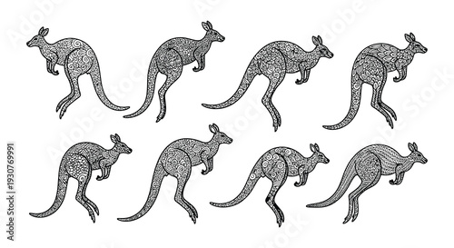 Intricate kangaroo illustrations in a monochrome decorative style