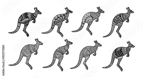 Intricate kangaroo illustrations in a monochrome decorative style