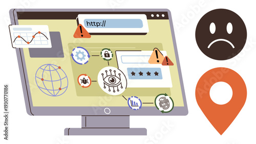 Cybersecurity, data protection, online threats, privacy breaches, internet safety, risk awareness. Computer monitor showing warning signs, icons for alerts. Cybersecurity and data protection concept
