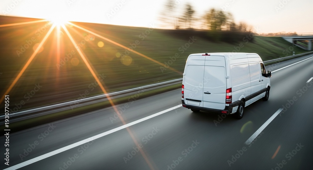 Naklejka premium White van driving on highway during sunset with lens flare on empty road
