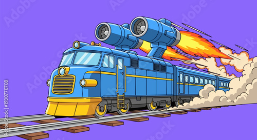 Blue Cartoon Train with Jet Engines and Fire Vector