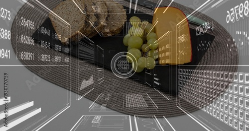 Showing black plate holding wedge cheese with red-rind, grapes and bread on placemat, HUD overlays