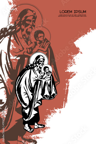 Religious vintage poster template with Simeon the God- receiver. Christian illustration in Byzantine style