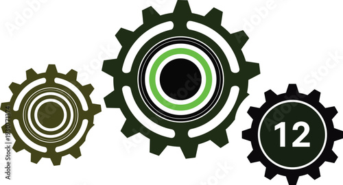 Green industrial gears illustration, mechanical cogwheels flat vector design, engineering technology concept, modern CAD drawing style background graphic isolated white