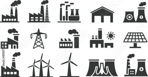 Vector icons set of industrial factory buildings power plants solar panels wind turbines and electric towers isolated on white background for energy industry concepts.