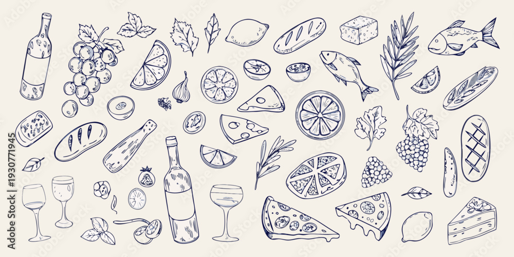 Fototapeta premium A delightful assortment of hand drawn food and drink sketches