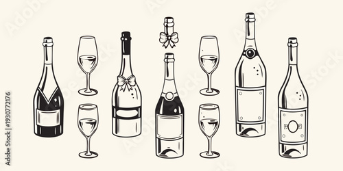 An assortment of champagne bottles and glasses in a linear style