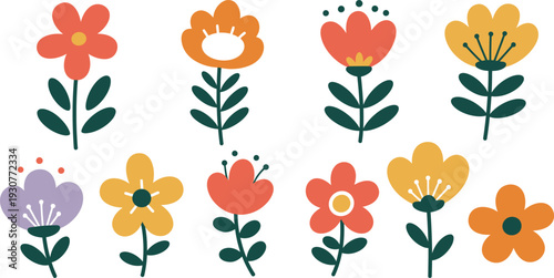 Colorful illustration of multiple flowers in various shades of orange yellow and purple on white background