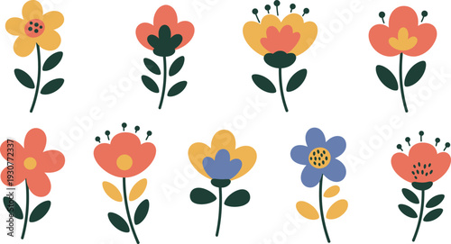 Colorful simple flower illustrations in various styles and pastel shades on white background