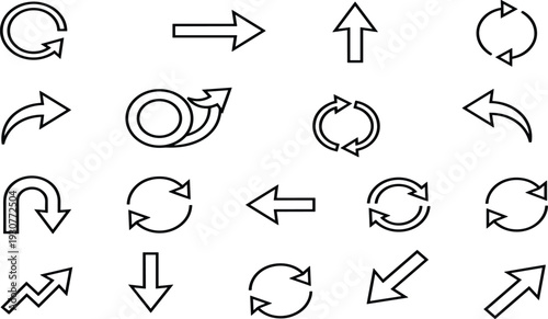 Vector arrow icon set featuring black outline silhouettes of directional pointers refresh symbols cycle curves straight navigation signs and upload download indicators on white