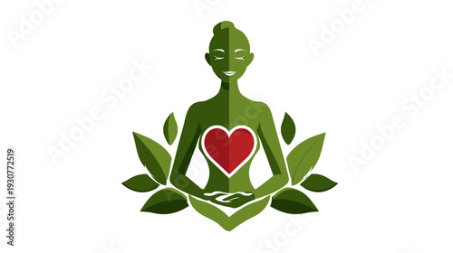 Peaceful woman meditating in lotus pose with heart and green leaves, symbolizing wellness, mindfulness, nature, and holistic health.