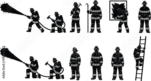 Firefighters in various poses and actions firemen fire fighters fire department emergency responders