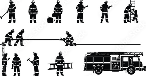 Firefighters in various poses and a firetruck emergency responders rescue firefighting