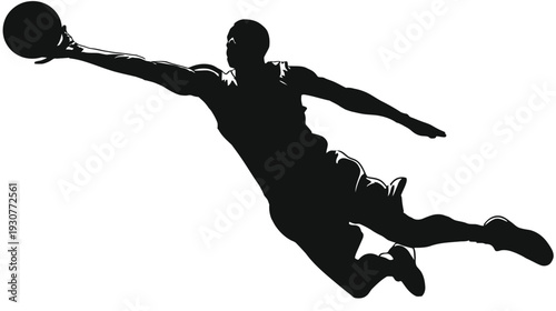 Dynamic silhouette of a basketball player in mid-air, reaching for the ball during a high-flying jump. Sports action concept.