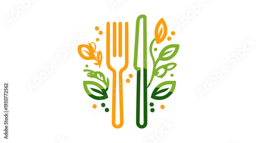 Organic Healthy Food Logo with Fork, Knife, Leaves, and Butterfly. Sustainable, Vegan, Vegetarian Eating Concept Illustration.