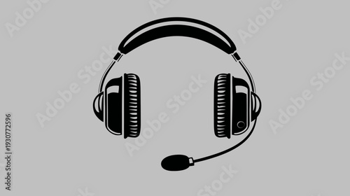 Black silhouette of professional headphones with microphone, ideal for customer support, online gaming, call center, or audio communication.