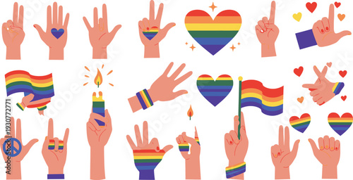 Hands making gestures with rainbow flags and hearts for lgbtq pride