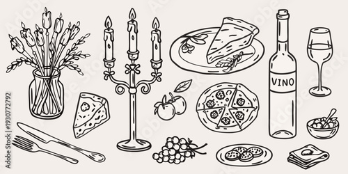 A charming sketch depicting a still life with candles food and drink