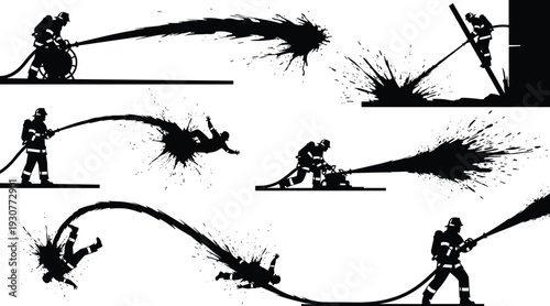 Firefighters spraying water from hose silhouettes firemen fire hose water spray