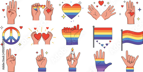 Lgbtq pride symbols and gestures with hands and flags illustrations